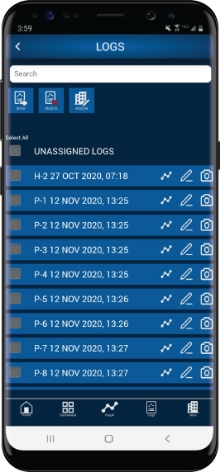 Blu-Test app logs screen